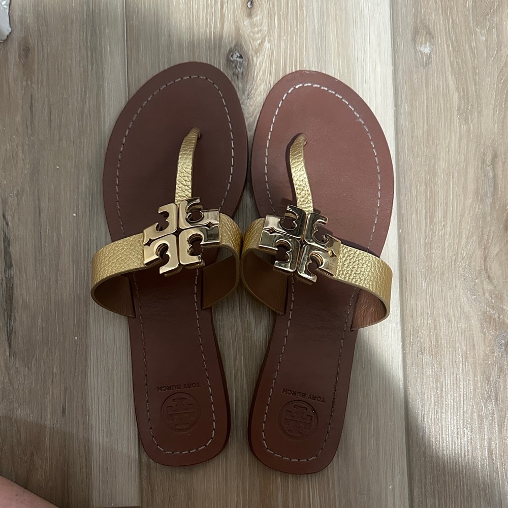 Tory Burch Gold and Brown Leather Sandals